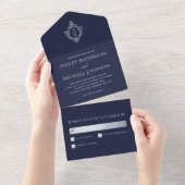 Wedding Crest Navy Blue Faux Silver Foil All In One Uitnodiging (Afscheurbaar)