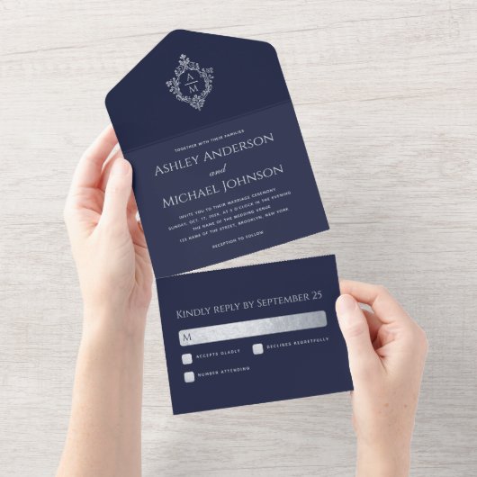 Wedding Crest Navy Blue Faux Silver Foil All In One Uitnodiging (Afscheurbaar)