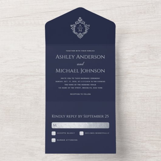 Wedding Crest Navy Blue Faux Silver Foil All In One Uitnodiging (Binnen)