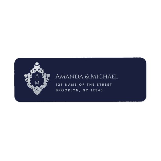 Wedding Crest Navy Blue Monogram  Elegant Etiket (Voorkant)