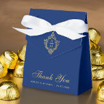 Wedding Crest Royal Blue Faux Gold Dank u Bedankdoosjes<br><div class="desc">Een elegante koninklijke blauwe en gouden bruiloft gunst doos. Op de flap heeft het faux gouden folie kam met een monogram erin, van 2 initialen. Het bericht Thank You is geschreven in het onderste deel, in een elegant faux gold script, de gelegenheid en de datum zijn geschreven in gouden petten...</div>