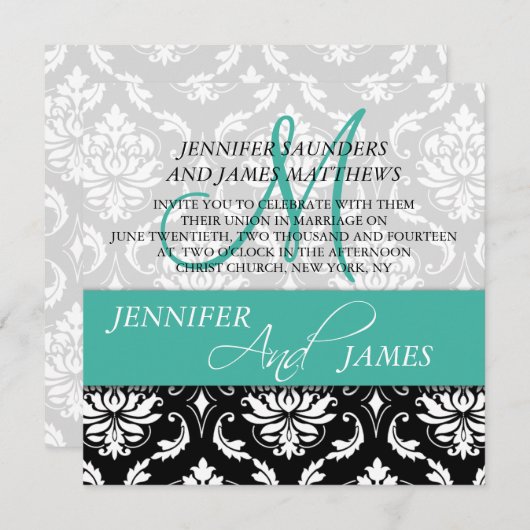 Wedding Damask Monogram Naam Turquoise Invitations Kaart (Voorkant / Achterkant)