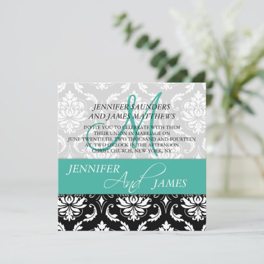 Wedding Damask Monogram Naam Turquoise Invitations Kaart (Staand voorkant)