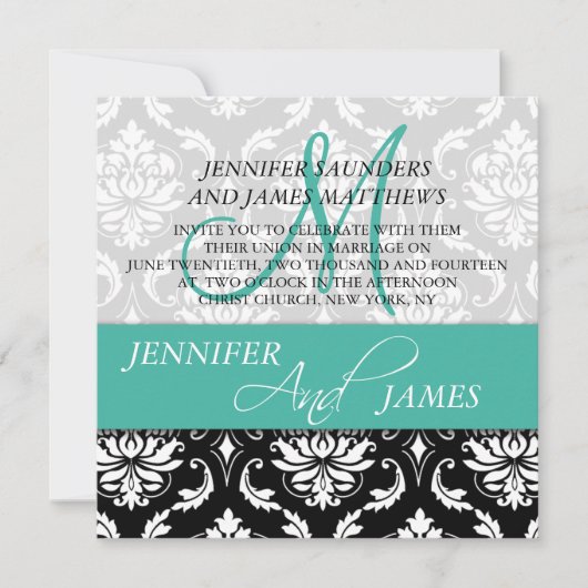 Wedding Damask Monogram Naam Turquoise Invitations Kaart (Voorkant)