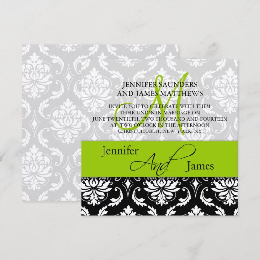 Wedding Damask Monogram Names Green Invitation Kaart (Voorkant / Achterkant)