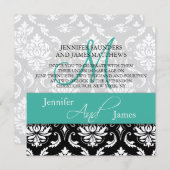 Wedding Damask Monogram Names Turquoise Invitation Kaart (Voorkant / Achterkant)