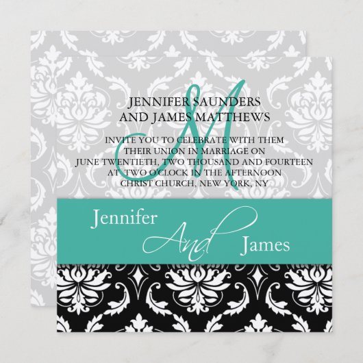 Wedding Damask Monogram Names Turquoise Invitation Kaart (Voorkant / Achterkant)