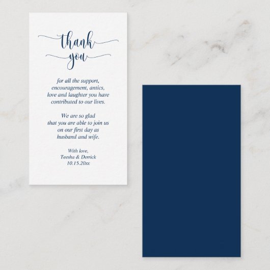 Wedding Dank je, modern script, Classy Navy Blue Informatiekaartje (Voorkant / Achterkant)