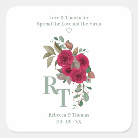 Wedding Delicate Romantic Floral Wreath Initials Vierkante Sticker (Voorkant)