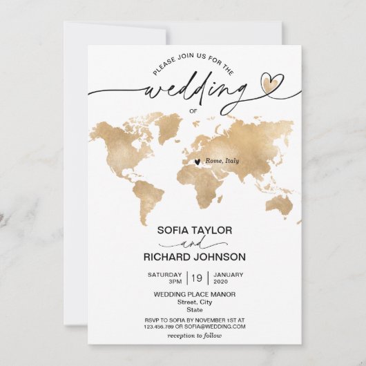 Wedding Destination Gold Wereldkaart Heart Invitat Kaart (Voorkant)