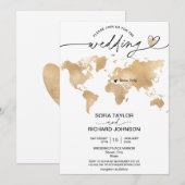 Wedding Destination Gold Wereldkaart Heart Invitat Kaart (Voorkant / Achterkant)