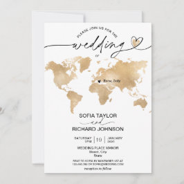 Wedding Destination Gold Wereldkaart Heart Invitat Kaart
