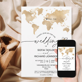Wedding Destination Gold Wereldkaart Heart Invitat Kaart
