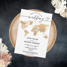 Wedding Destination Gold Wereldkaart Heart Invitat