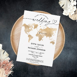 Wedding Destination Gold Wereldkaart Heart Invitat Kaart
