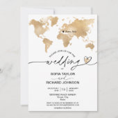 Wedding Destination Gold Wereldkaart Heart Invitat Kaart (Voorkant)