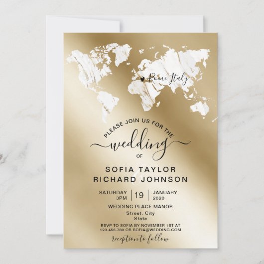 Wedding Destination Marble Wereldkaart Invitation Kaart (Voorkant)