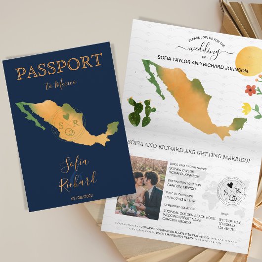 Wedding Destination Passport Mexico Map Waterverf