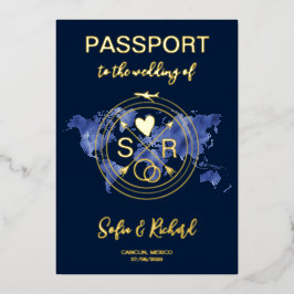 Wedding Destination Passport Wereldkaart Gold Folie Uitnodiging