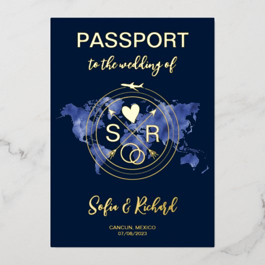 Wedding Destination Passport Wereldkaart Gold Folie Uitnodiging (Voorkant)