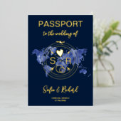 Wedding Destination Passport Wereldkaart Gold Folie Uitnodiging (Staand Voorkant)