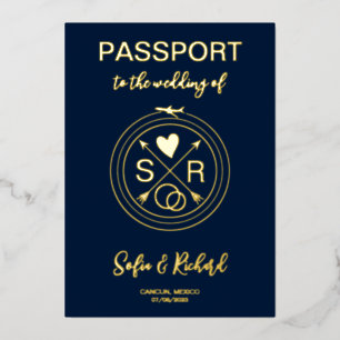 Wedding Destination Passport Wereldkaart Gold Folie Uitnodiging