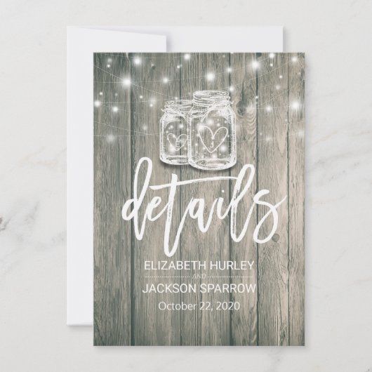 Wedding Detail Rustic Wood Mason Jars String Light Kaart (Voorkant)