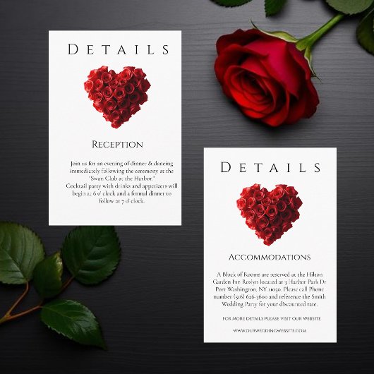 Wedding Details-Heart Shaped Red Roses Informatiekaartje