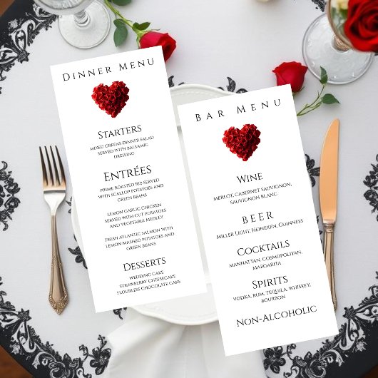 Wedding Dinner and Bar Menu-Heart Shaped Red Roses Menu