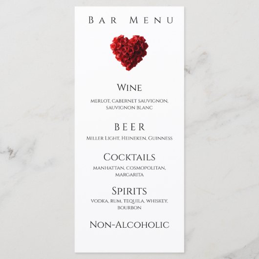 Wedding Dinner and Bar Menu-Heart Shaped Red Roses Menu (Achterkant)
