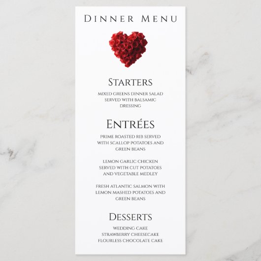 Wedding Dinner and Bar Menu-Heart Shaped Red Roses Menu (Voorkant)