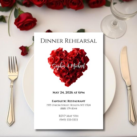 Wedding Dinner Rehearsal-Heart Shaped Red Roses- Kaart