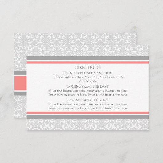 Wedding Direction Cards Coral Grey Damask Informatiekaartje (Voorkant / Achterkant)