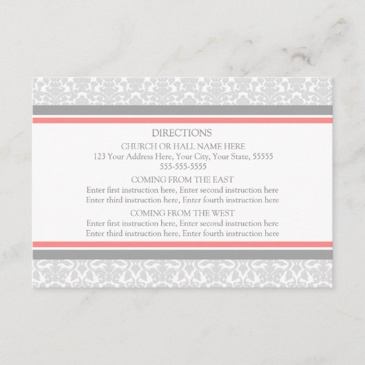 Wedding Direction Cards Coral Grey Damask Informatiekaartje (Voorkant)