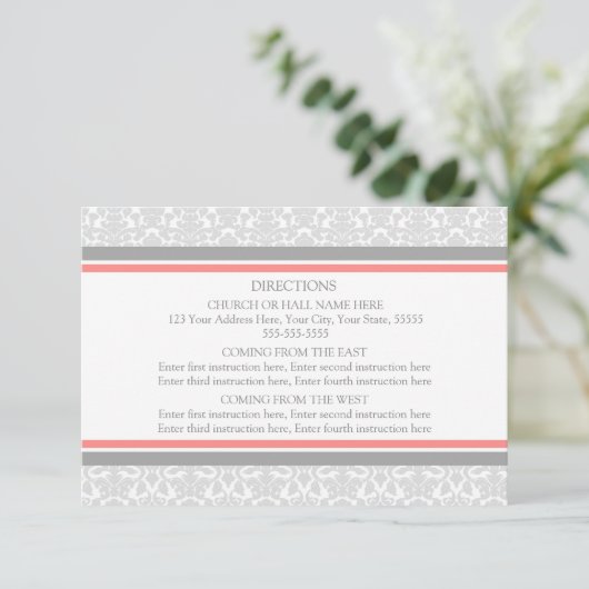 Wedding Direction Cards Coral Grey Damask Informatiekaartje (Staand voorkant)