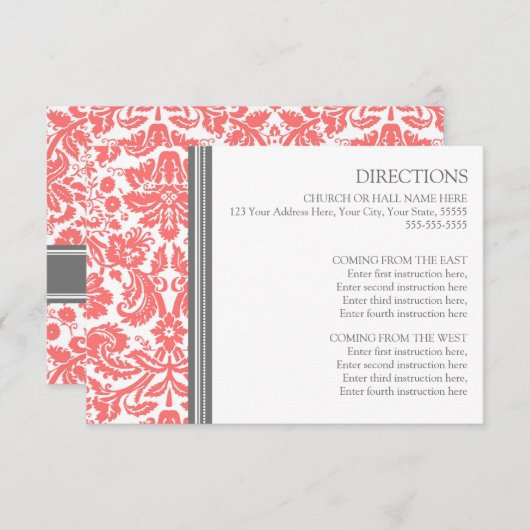 Wedding Direction Cards Coral Grey Damask Informatiekaartje (Voorkant / Achterkant)