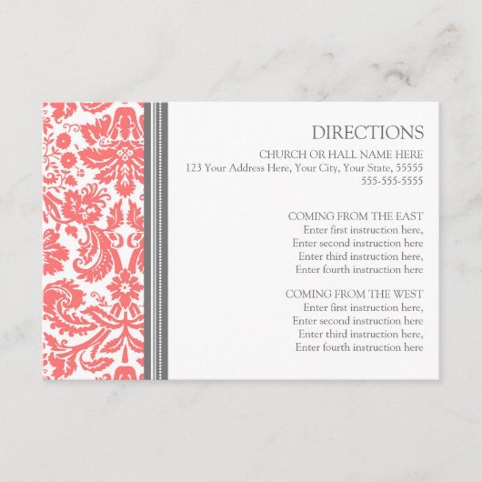 Wedding Direction Cards Coral Grey Damask Informatiekaartje (Voorkant)