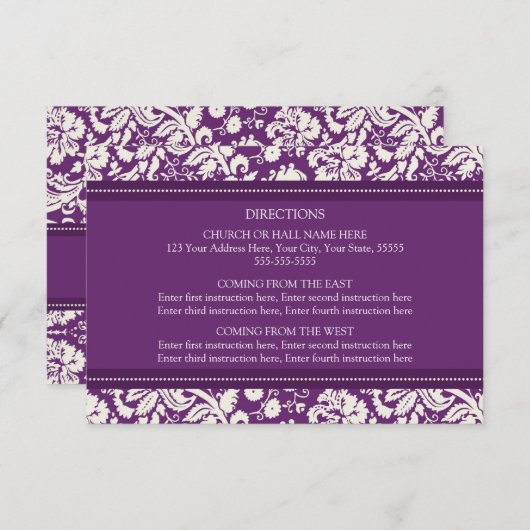 Wedding Direction Cards Plum Damask Informatiekaartje (Voorkant / Achterkant)