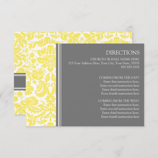 Wedding Direction-kaarten Lemon Grey Damask Informatiekaartje (Voorkant / Achterkant)
