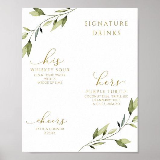Wedding Drink Cocktails Greenery Gold Poster (Voorkant)