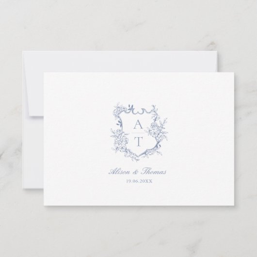 Wedding Dusty Blue Crest Monogram Details Kaart (Achterkant)