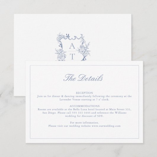 Wedding Dusty Blue Crest Monogram Details Kaart (Voorkant / Achterkant)