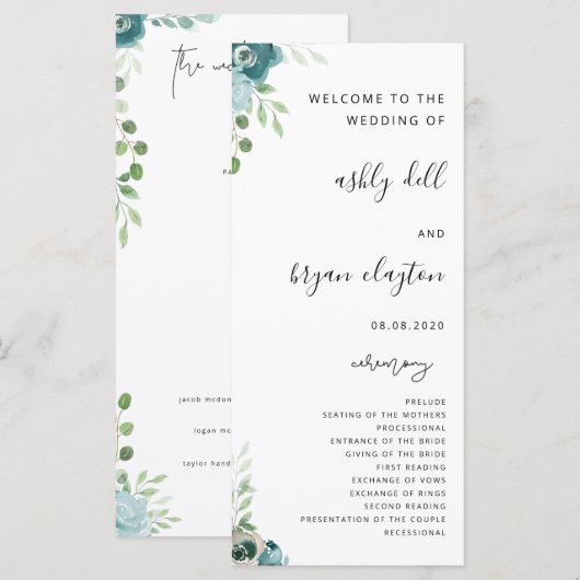 Wedding Dusty Bule Floral Programmakaart (Voorkant / Achterkant)