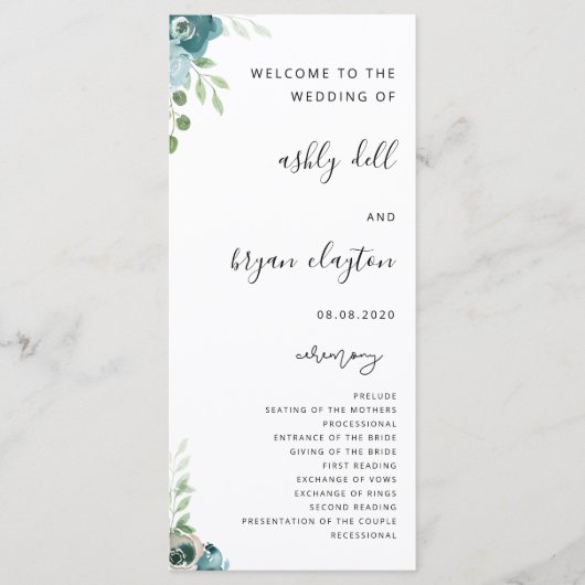 Wedding Dusty Bule Floral Programmakaart (Voorkant)