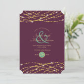 Wedding Eggplant Mint Gold String Lights Invites Kaart (Staand voorkant)