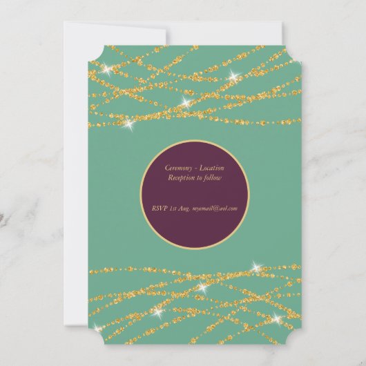 Wedding Eggplant Mint Gold String Lights Invites Kaart (Achterkant)