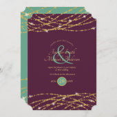 Wedding Eggplant Mint Gold String Lights Invites Kaart (Voorkant / Achterkant)