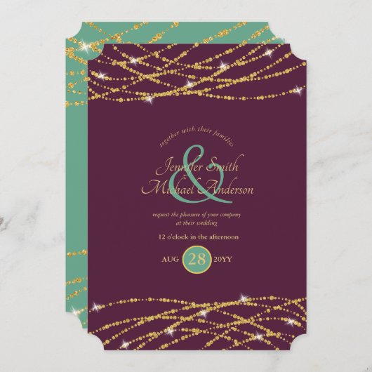 Wedding Eggplant Mint Gold String Lights Invites Kaart (Voorkant / Achterkant)