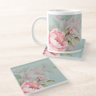 Wedding & Eid | Pink Peony & Sage Green Glazen Onderzetter