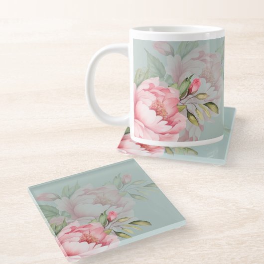 Wedding & Eid | Pink Peony & Sage Green Glazen Onderzetter